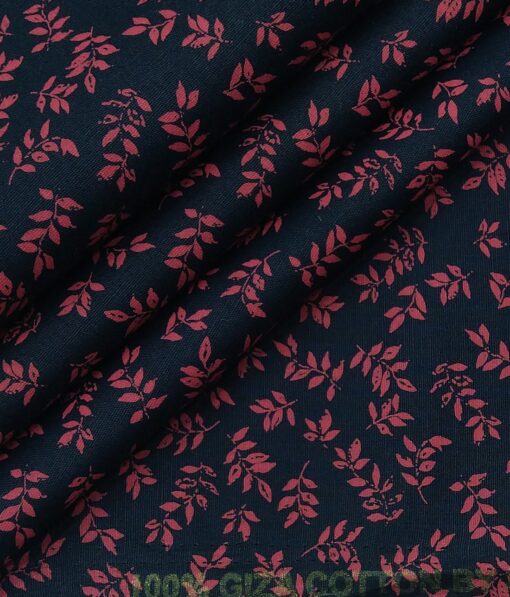 Solino Men's 100% Premium Cotton Pink Floral Print Unstitched Shirt Fabric (Dark Blue