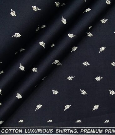 Solino Men's 100% Premium Cotton White Feather Print Unstitched Shirt Fabric (Dark Blue