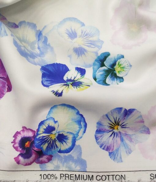 Solino Men's 100% Premium Cotton Digital Multicolor Floral Print Unstitched Shirt Fabric (White