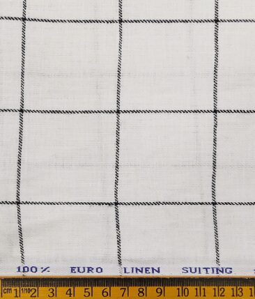 Solino Men's 100% Pure Linen Black Checks Unstitched Suiting Fabric (White
