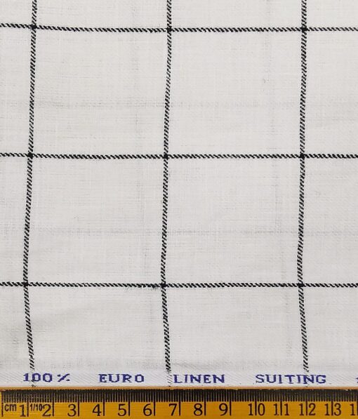 Solino Men's 100% Pure Linen Black Checks Unstitched Suiting Fabric (White