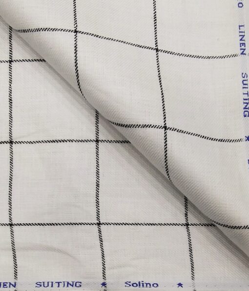 Solino Men's 100% Pure Linen Black Checks Unstitched Suiting Fabric (White