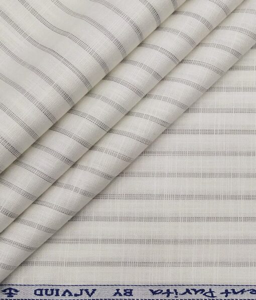 Arvind Men's 100% Premium Cotton Grey Striped Unstitched Shirt Fabric (White