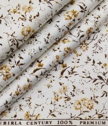 Birla Century Men's 100% Premium Cotton Brown Floral Printed Unstitched Shirt Fabric (Off-White