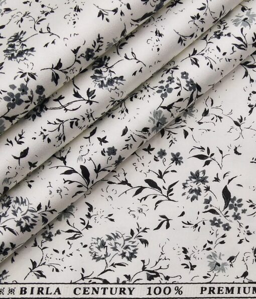 Birla Century Men's 100% Premium Cotton Grey & Back Floral Printed Unstitched Shirt Fabric (White