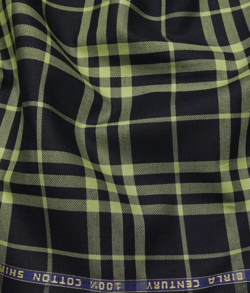 Birla Century Men's 100% Cotton Parrot Green Broad Checks Unstitched Shirt Fabric (Black
