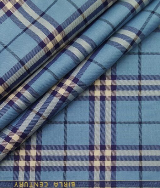 Birla Century Men's 100% Cotton White & Purple Broad Checks Unstitched Shirt Fabric (Firozi Blue