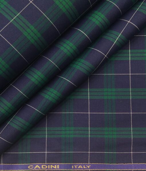 Cadini Italy Men's 100% Luxury Cotton Green Checks Unstitched Shirt Fabric (Dark Blue