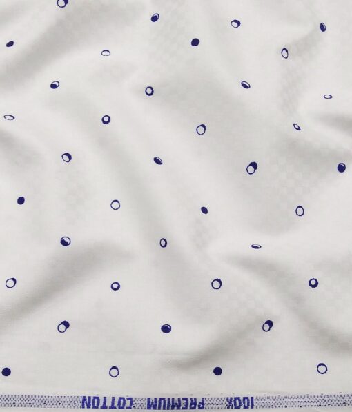 Exquisite Men's 100% Cotton Blue Polka Dots Print Unstitched Shirt Fabric (Off-White