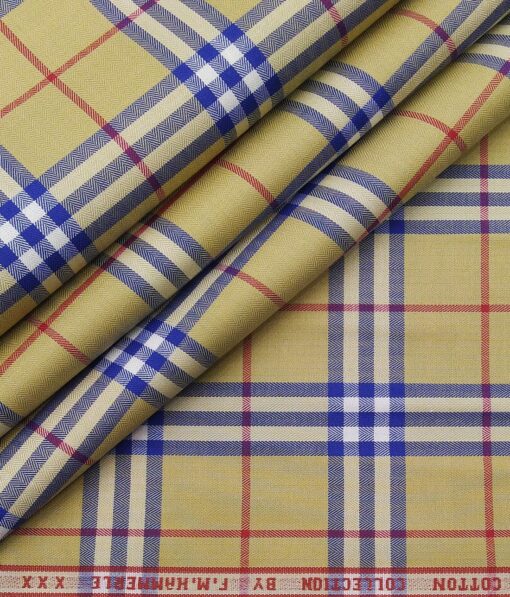 F.M. Hammerle Men's 100% Giza Cotton Multi Color Broad Checks Unstitched Shirt Fabric (Mustard Yellow