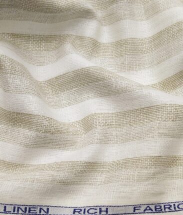 Mazury by Aditya Birla Group Men's Linen Cotton Brown Striped Unstitched Shirt Fabric (Off-White
