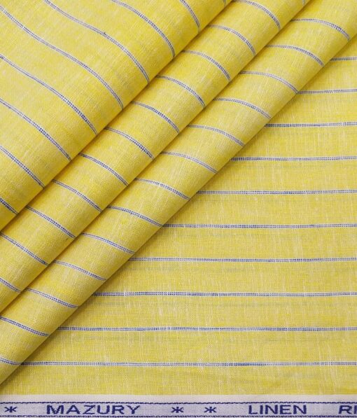 Mazury by Aditya Birla Group Men's Linen Cotton Blue Striped Unstitched Shirting Fabric (Yellow)