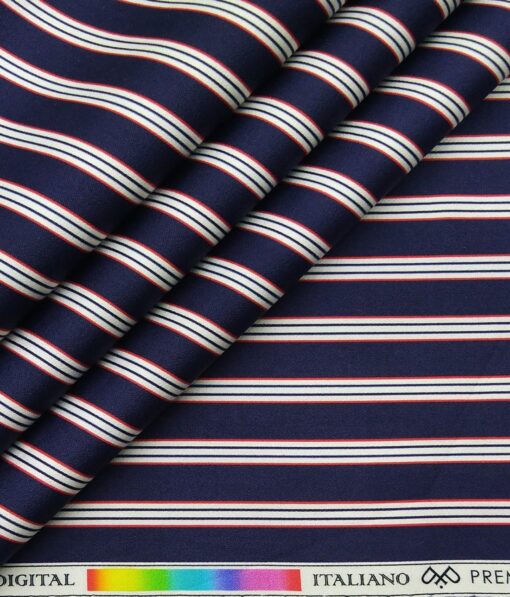 PEE GEE Men's 100% Cotton White & Red Digital Printed Stripes Unstitched Shirt Fabric (Dark Blue