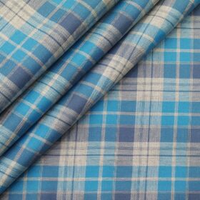 Soktas Men's Egyptian Giza Cotton Grey & Blue Checks Unstitched Shirt Fabric (Firozi Blue