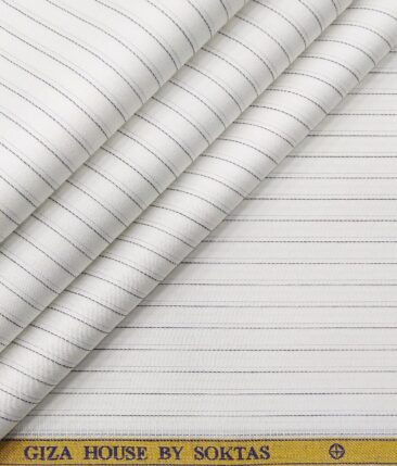 Soktas Men's Egyptian Giza Cotton Black Pin Stripes Unstitched Shirt Fabric (White