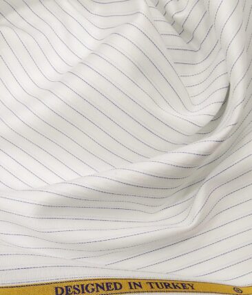 Soktas Men's Egyptian Giza Cotton Blue Pin Stripes Unstitched Shirt Fabric (White