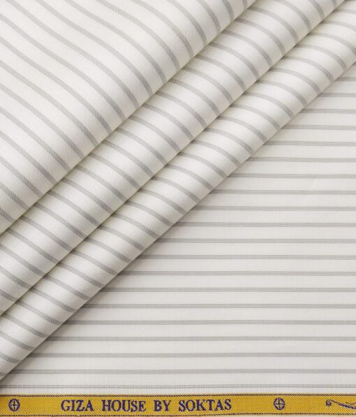Soktas Men's 2 Ply 120's Egyptian Giza Cotton Grey Stripes Unstitched Shirt Fabric (White
