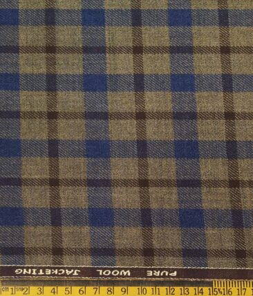 OCM Men's Blue & Dark Brown Checks 100% Pure Merino Wool Fine Tweed Unstitched Jacketing & Blazer Fabric (Light Brown