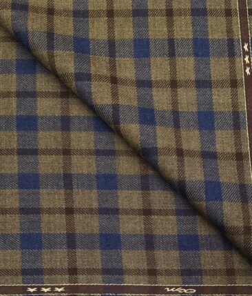OCM Men's Blue & Dark Brown Checks 100% Pure Merino Wool Fine Tweed Unstitched Jacketing & Blazer Fabric (Light Brown