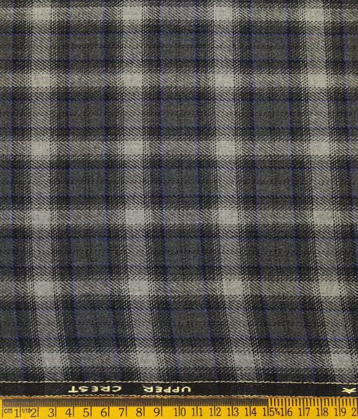 OCM Men's Light Grey & Blue Checks 100% Pure Merino Wool Fine Tweed Unstitched Jacketing & Blazer Fabric (Dark Grey