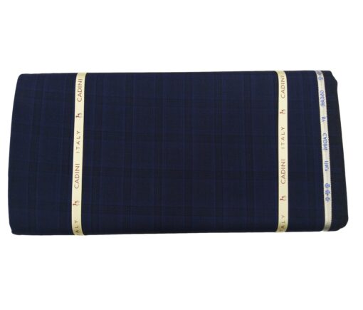 Cadini Men's Wool Super 140s Unstitched 3.25 Meter Self Broad Checks Suit Fabric (Dark Royal Blue)