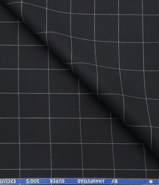 J.Hampstead Men's Poly Wool Super 100s Unstitched White Checks Suiting Fabric (Dark Navy Blue)