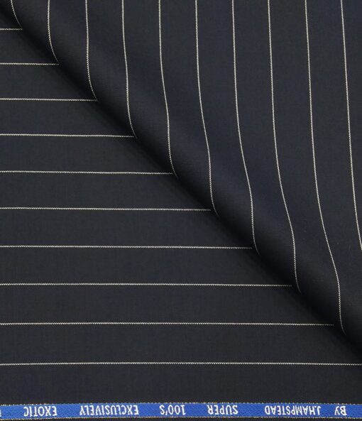 J.Hampstead Men's Poly Wool Super 100s Unstitched White Striped Suiting Fabric (Dark Navy Blue)