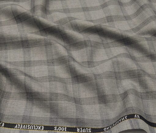 J.Hampstead Men's Poly Wool Super 100s Unstitched Grey Checks Suiting Fabric (Light Grey)