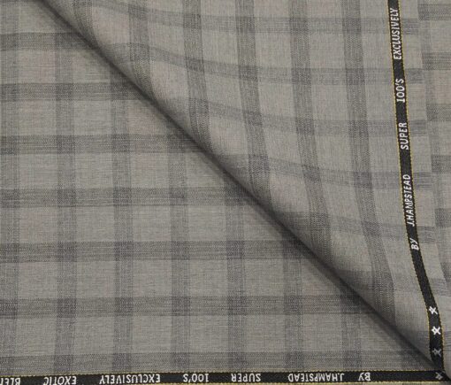 J.Hampstead Men's Poly Wool Super 100s Unstitched Grey Checks Suiting Fabric (Light Grey)