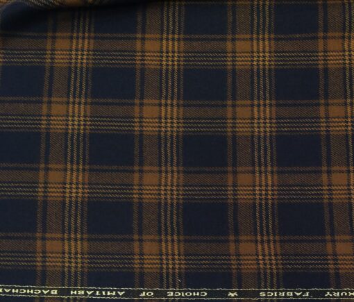 OCM Men's Wool Light Brown Checks 2 Meter Unstitched Tweed Jacketing & Blazer Fabric (Dark Blue)