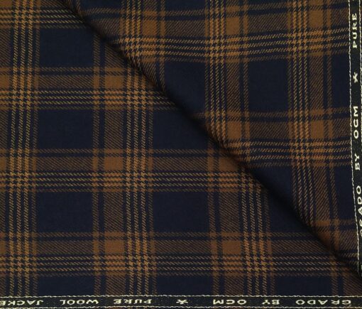 OCM Men's Wool Light Brown Checks 2 Meter Unstitched Tweed Jacketing & Blazer Fabric (Dark Blue)