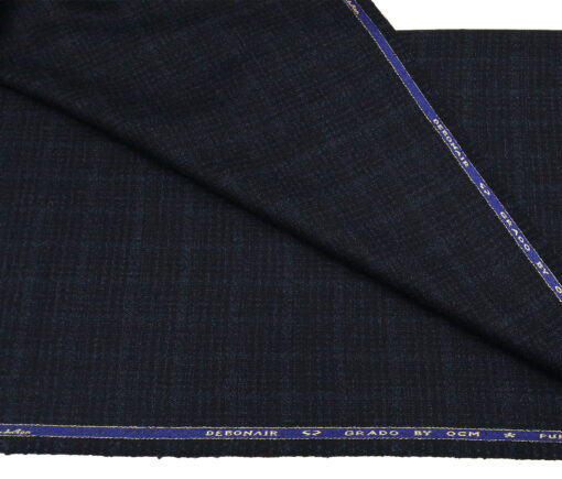 OCM Men's Wool Self Checks 2 Meter Unstitched Tweed Jacketing & Blazer Fabric (Dark Blue)