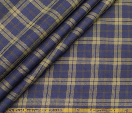 Soktas Men's Giza Cotton Brown Checks 1.60 Meter Unstitched Shirt Fabric (Blue)