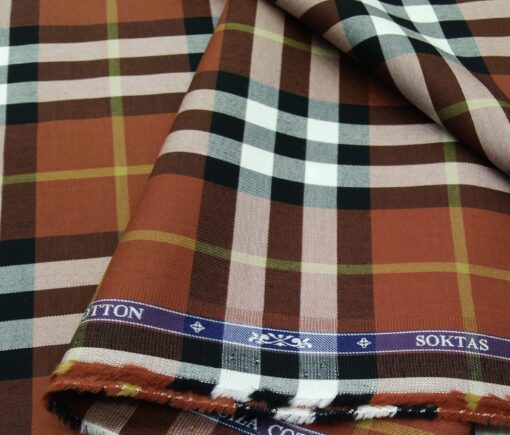 Soktas Men's Giza Cotton Broad Burberry Checks 1.60 Meter Unstitched Shirt Fabric (Amber Orange)
