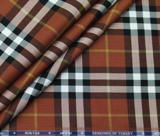Soktas Men's Giza Cotton Broad Burberry Checks 1.60 Meter Unstitched Shirt Fabric (Amber Orange)