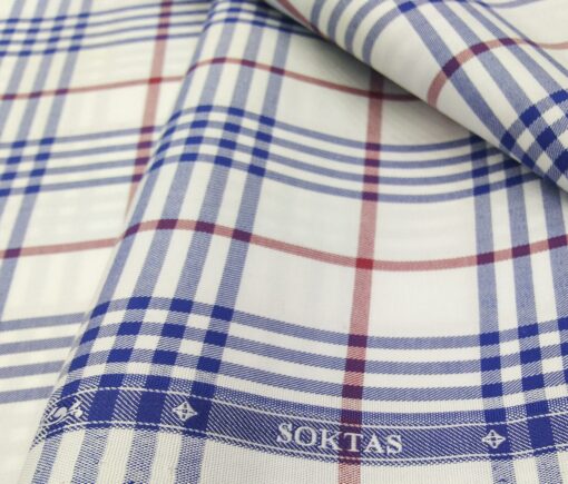 Soktas Men's Giza Cotton Red & Blue Burberry Checks 1.60 Meter Unstitched Shirt Fabric (White)