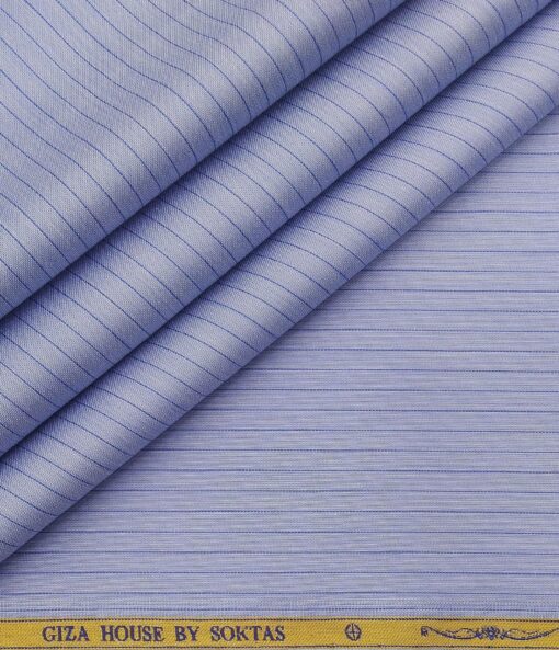 Soktas Men's Giza Cotton Striped Unstitched Shirt Fabric (Sky Blue)