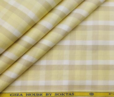 Soktas Men's Cotton Checks 1.60 Meter Unstitched Shirt Fabric (Light Yellow)
