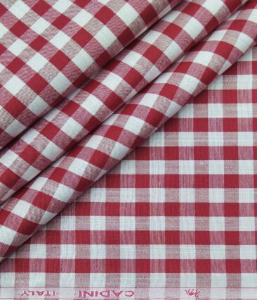 Cadini Italy Men's Cotton Red Checks 1.60 Meter Unstitched Shirt Fabric (White)