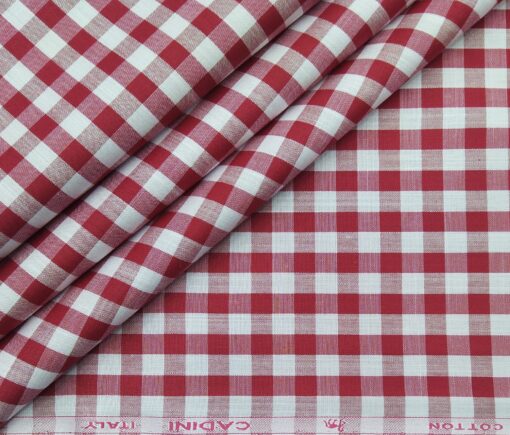 Cadini Italy Men's Cotton Red Checks 1.60 Meter Unstitched Shirt Fabric (White)