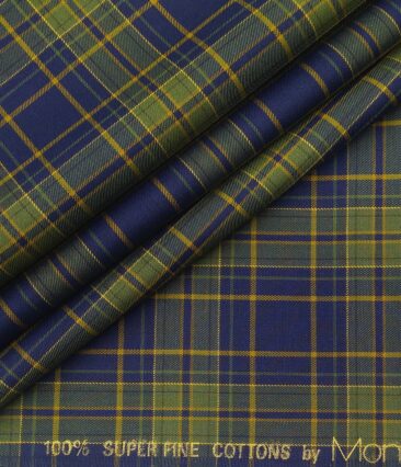 Monza Men's Cotton Green Checks 1.60 Meter Unstitched Shirt Fabric (Dark Blue)