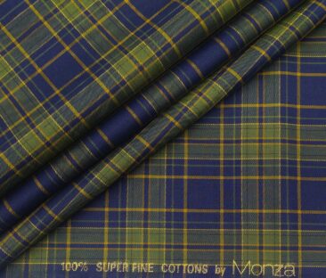 Monza Men's Cotton Green Checks 1.60 Meter Unstitched Shirt Fabric (Dark Blue)