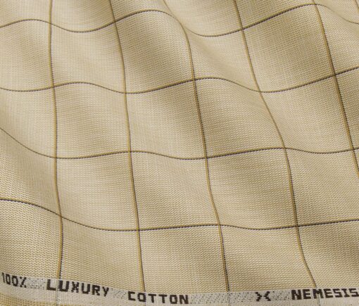 Nemesis Men's Cotton Checks 1.80 Meter Unstitched Shirt Fabric (Oat Beige)