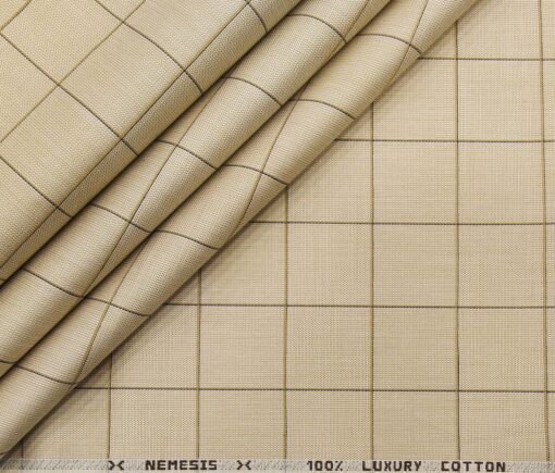 Nemesis Men's Cotton Checks 1.80 Meter Unstitched Shirt Fabric (Oat Beige)
