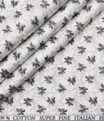 Pee Gee Men's Cotton Grey Floral Printed 1.60 Meter Unstitched Shirt Fabric (White)