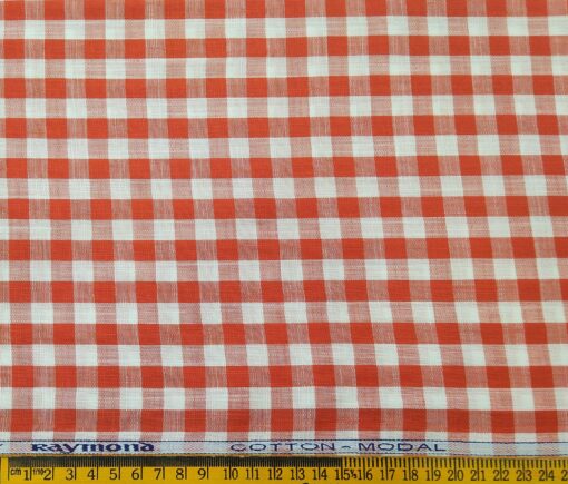 Raymond Men's Cotton Modal Red Checks 1.80 Meter Unstitched Shirt Fabric (White)