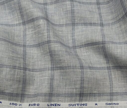 Solino Men's Linen Grey Checks 3 Meter Unstitched Suiting Fabric (Light Grey)