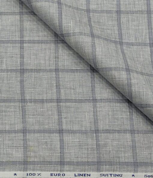 Solino Men's Linen Grey Checks 3 Meter Unstitched Suiting Fabric (Light Grey)
