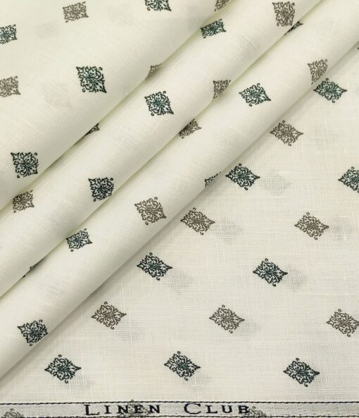 Linen Club Men's Cotton Linen Printed Unstitched Shirting Fabric (Milky White)