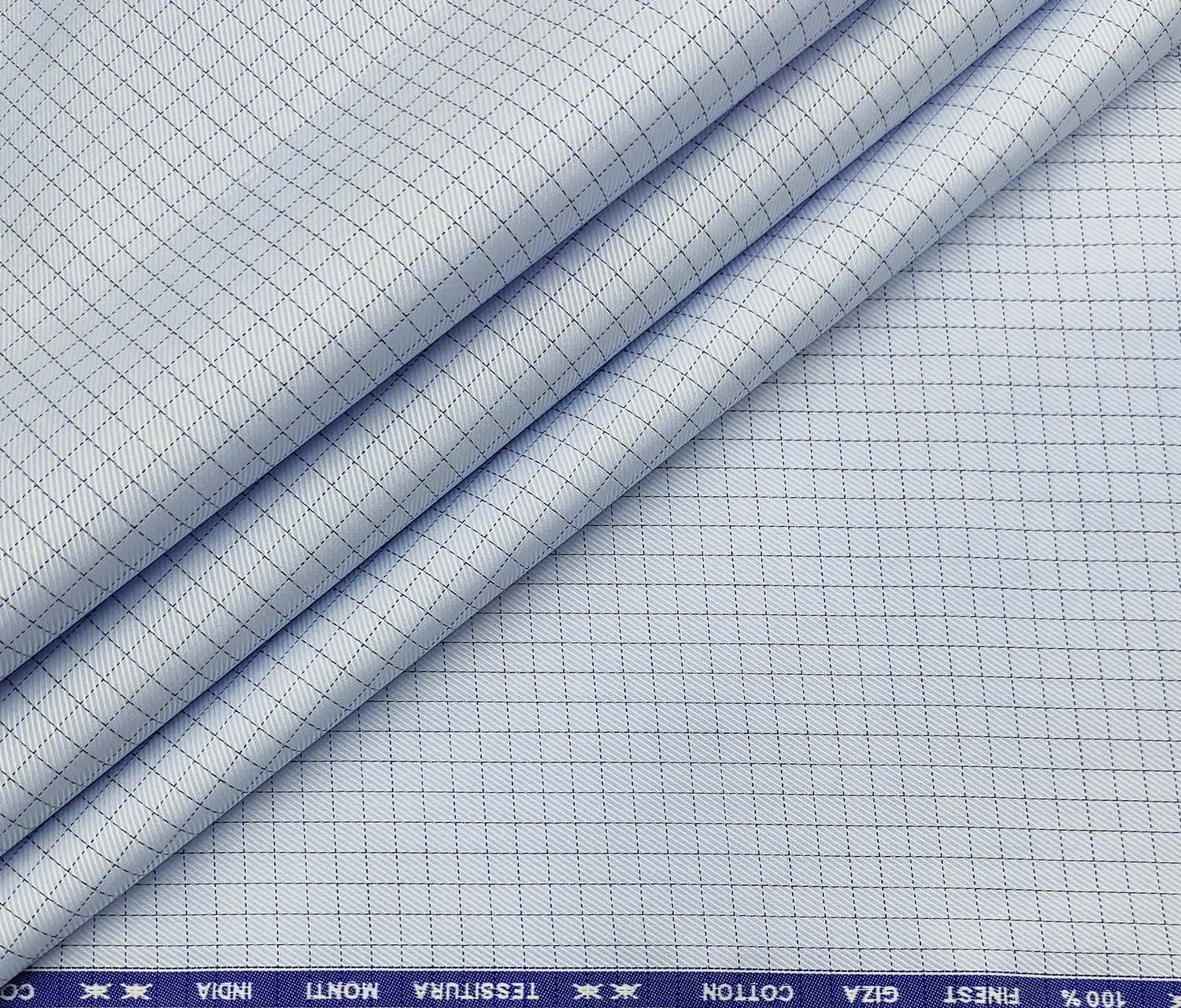 Tessitura Monti Men's Cotton Checks 1.60 Meter Unstitched Shirt Fabric (Sky Blue)